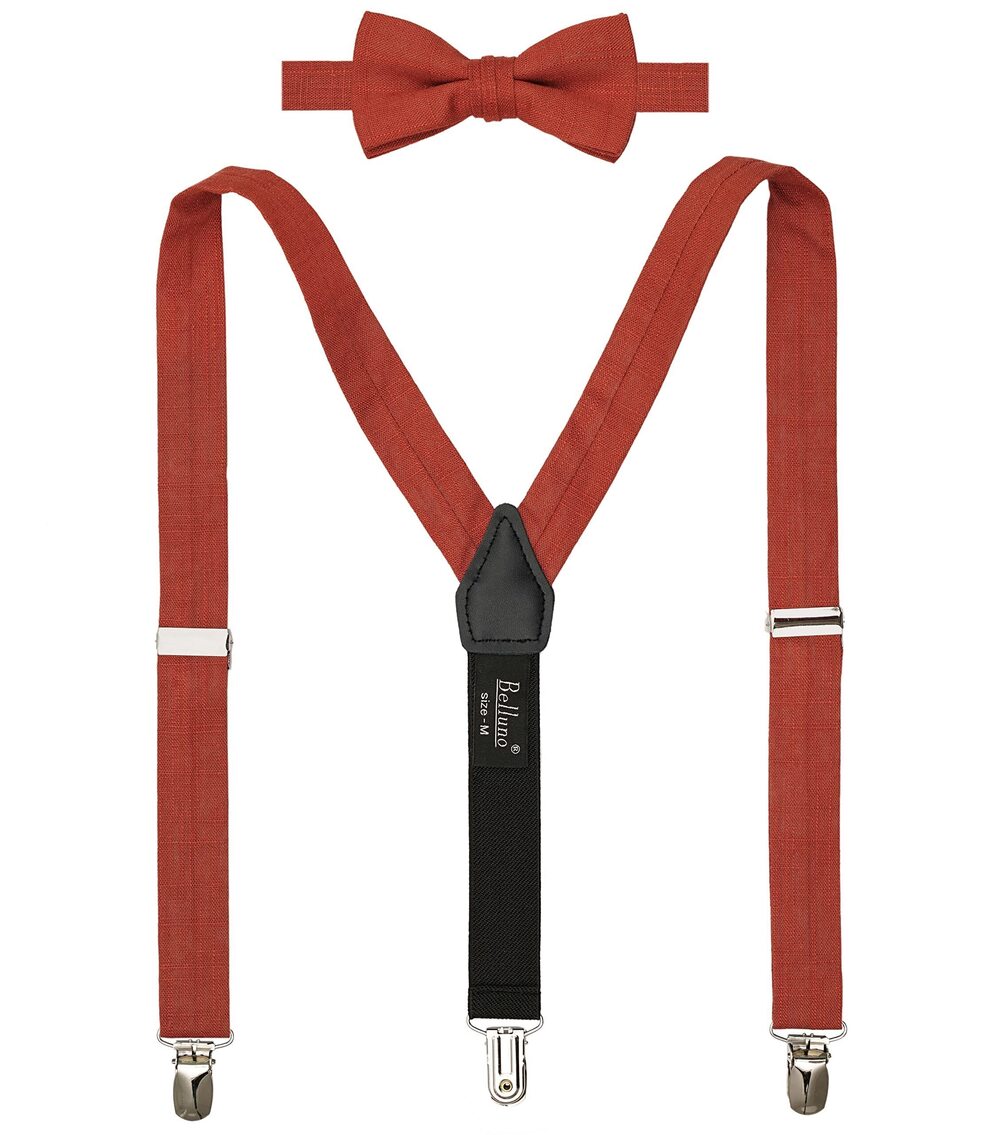 8371 Rust Pre-tied Bow Tie and Suspenders Set, Cotton and Linen